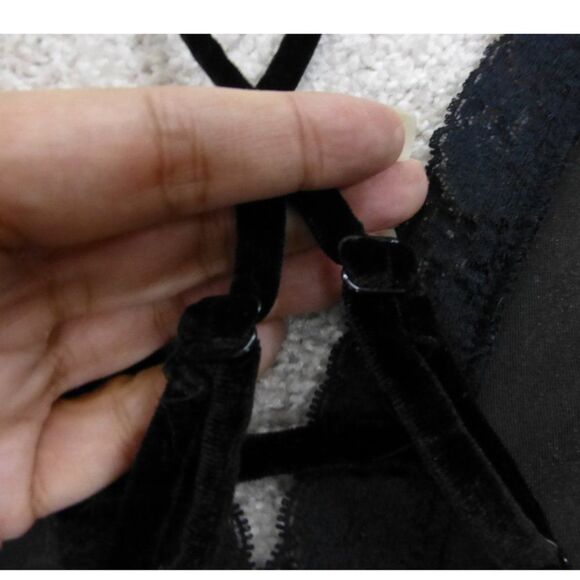 Forever 21 Black Velour Bodysuit with Deep V-Neck Lace, Cross Back Straps - Picture 7 of 11